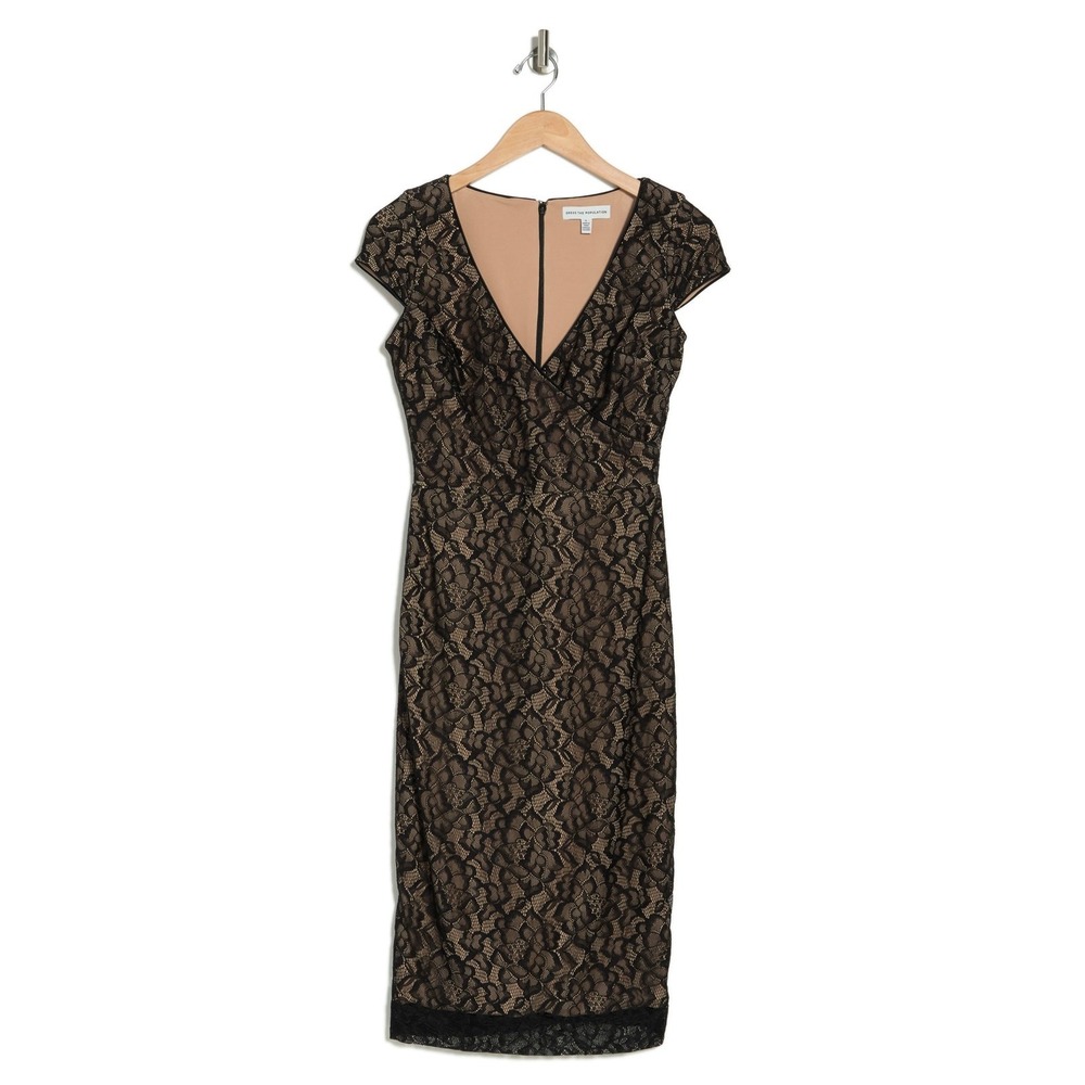 Dress The Population Black Lace Sheath Midi Dress V Neck Cap Sleeve‎ XS